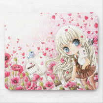 Cute girl with white cat on pink flowers field mouse pads