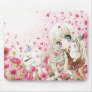 Cute girl with white cat on pink flowers field mouse pads