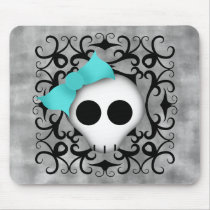 Cute goth punk skull with blue bow on black swirls