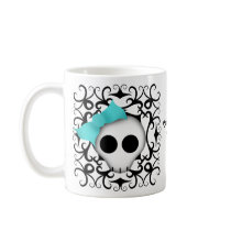 Cute goth punk skull with blue bow on black swirls