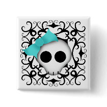 Cute goth punk skull with blue bow on black swirls pins