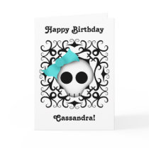 Cute goth punk skull with blue bow on black swirls card