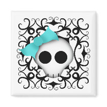 Cute goth punk skull with blue bow on black swirls refrigerator magnets