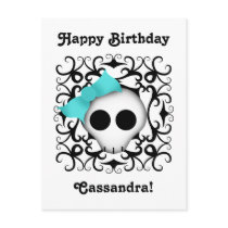 Cute goth punk skull with blue bow on black swirls postcard
