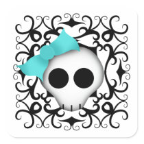 Cute goth punk skull with blue bow on black swirls sticker