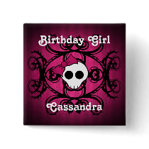 Cute gothic skull fuschia and black sweet 16 pinback button