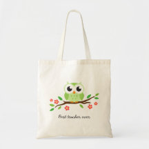 Cute green owl on floral branch best teacher ever tote bags