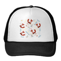 Cute Hand Drawn Fox Hearts in Yellow Blue Pink Mesh Hats