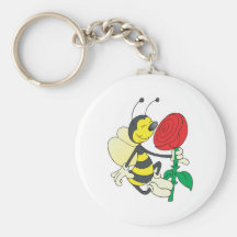 cute happy bee smelling rose keychain