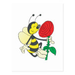 cute happy bee smelling rose post card