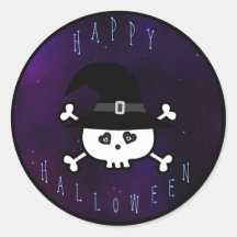 Cute Happy Halloween Skull with Witches Hat Round Sticker