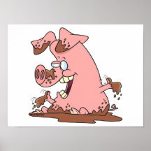 cute happy pink pig in mud cartoon posters