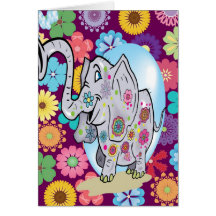 Cute Hippie Elephant with Colorful Flowers Greeting Cards