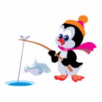 cute ice fishing little penguin photo sculpture