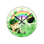 Cute Irish chibi leprechaun girl with pot of gold wall clocks