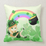 Cute Irish chibi leprechaun girl with pot of gold pillows