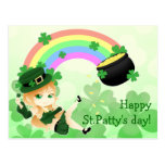 Cute Irish chibi leprechaun girl with pot of gold postcards