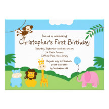 Cute Jungle Animal Birthday Party Invitations