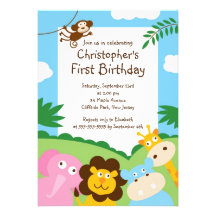 Cute Jungle Animal Birthday Party Invitations