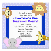 Cute Jungle Animals Kids Blue Birthday Invitations