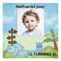 Cute Jungle Hippos Elephants Birthday Party Custom Announcements