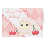 Cute kawaii pink sheep with cherries birthday card cards