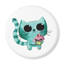 Cute Kitty Cat with Kawaii Cupcake Fridge Magnet