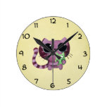 Cute Kitty Cat with Little Green Monster Round Wallclocks