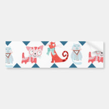 Cute Kitty Cats Blue Coral Chevron Stripes Pattern Bumper Sticker
