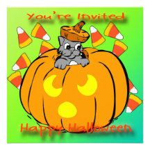 Cute Kitty Halloween Pumpkin Invitation