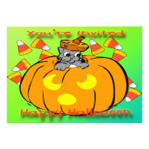 Cute Kitty Halloween Pumpkin Invitation
