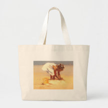 Cute little girl playing in sand tote bags