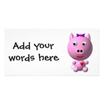 Cute little pink piggy with hearts and bow! personalized photo card