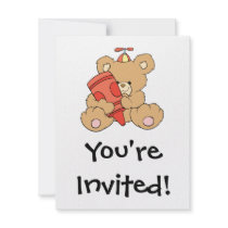 cute little teddy bear with red crayon invitation