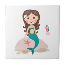 Cute mermaid on rock cartoon tile/gift box
