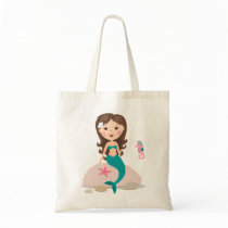 Cute mermaid sitting on a rock with seahorse bag