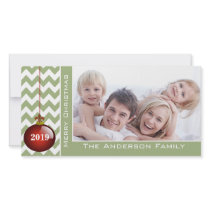 Cute Merry Christmas Red Ornament Chevron Pattern Personalized Photo Card