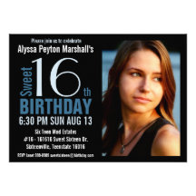 Cute Mod Blue and Black Photo Sweet 16th Party Invites