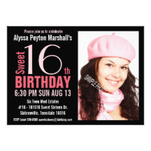 Cute Mod Pink and Black Sweet 16th Party Invitations