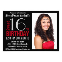Cute Mod Red and Black Photo Sweet 16th Party Invite
