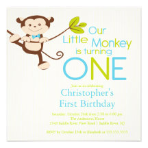 Cute Modern Monkey 1st Birthday Party Invitations