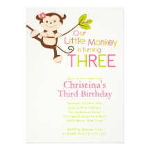 Cute Modern Monkey 3rd Birthday Party Invitations