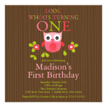 Cute Modern Owl 1st Birthday Party Invitations