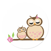 Cute mom and baby owl round stickers