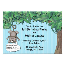Cute Monkey Jungle Birthday Party Blue Invitation