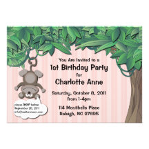 Cute Monkey Jungle Birthday Party Pink Invitation