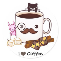 Cute moustache coffee cup and kawaii animals stickers