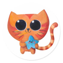 Cute Orange Cat with Star Round Stickers