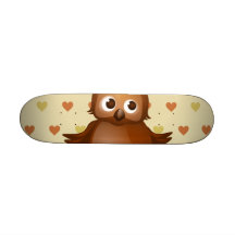 Cute Owl on Beige Heart Pattern Background Skateboard Deck