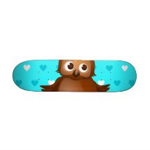 Cute Owl on Blue Heart Pattern Background Skateboard Decks